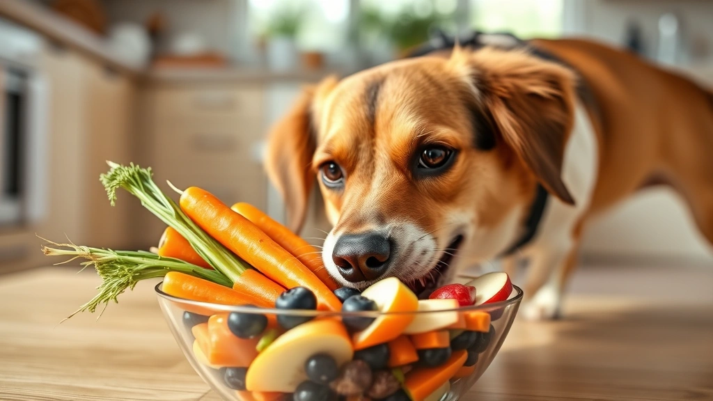 Dog eating from a bowl filled with fresh carrots, blueberries, and apple slices, bright natural kitchen lighting, happy expression