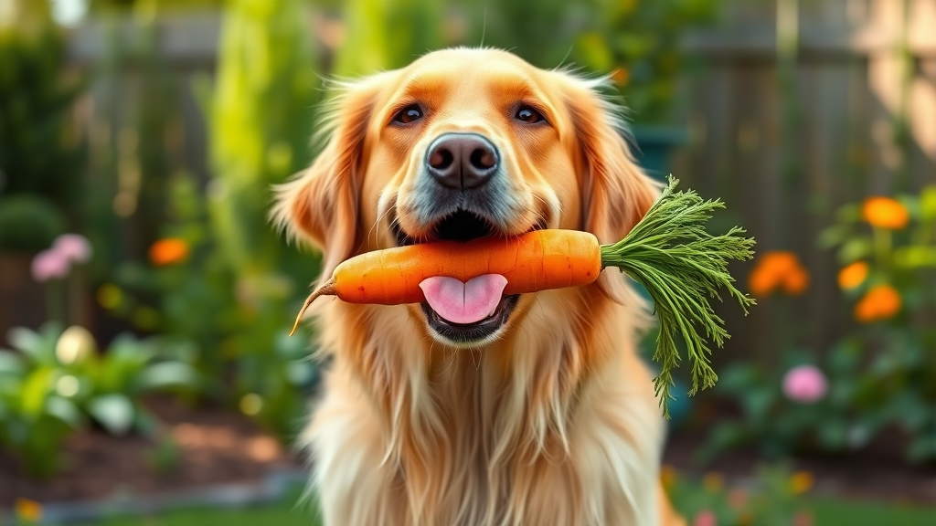 Happy golden retriever dog holding fresh orange carrot in mouth outdoors in garden, natural lighting, no text no words no letters
