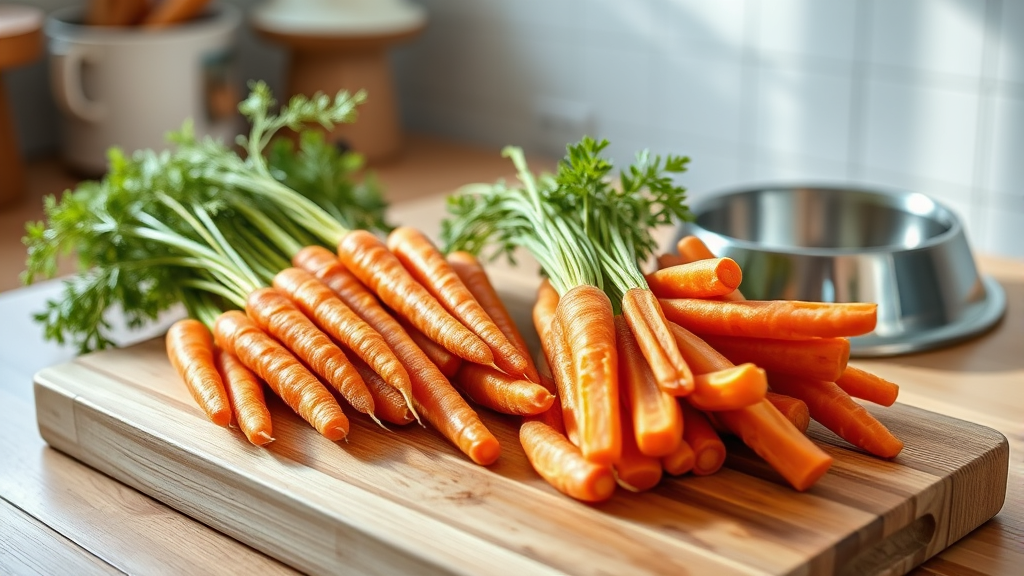Fresh whole carrots and carrot sticks arranged on wooden cutting board with dog bowl nearby, bright kitchen setting, no text no words no letters