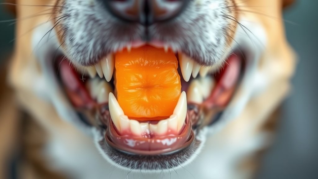 Close up of dog teeth and gums being cleaned by crunching on raw carrot piece, dental health concept, no text no words no letters