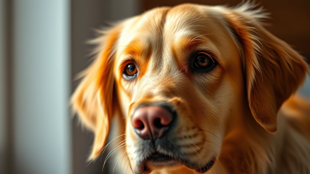 Close-up of a golden retriever's face looking concerned, soft natural lighting, shallow depth of field, gentle expression