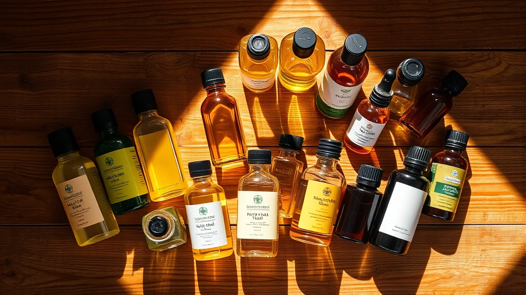Overhead shot of various natural oils in glass bottles arranged on a wooden surface, warm sunlight streaming across, no labels visible