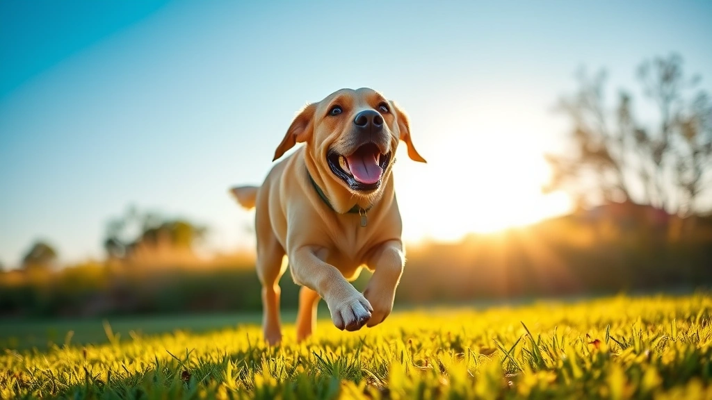 A happy labrador retriever playing outdoors in a grassy field during golden hour, running freely with joy, clear blue sky background