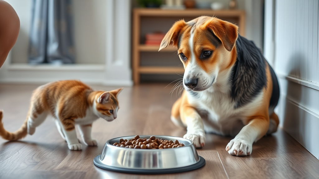 Dog looking at cat food bowl on kitchen floor, concerned pet owner watching, no text no words no letters