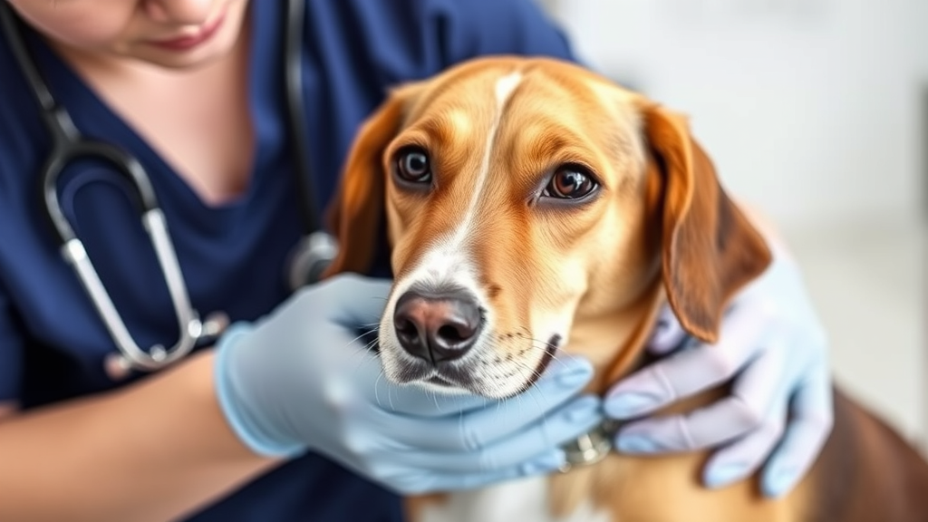 Veterinarian examining dog with stethoscope in clinic setting, professional medical care, no text no words no letters