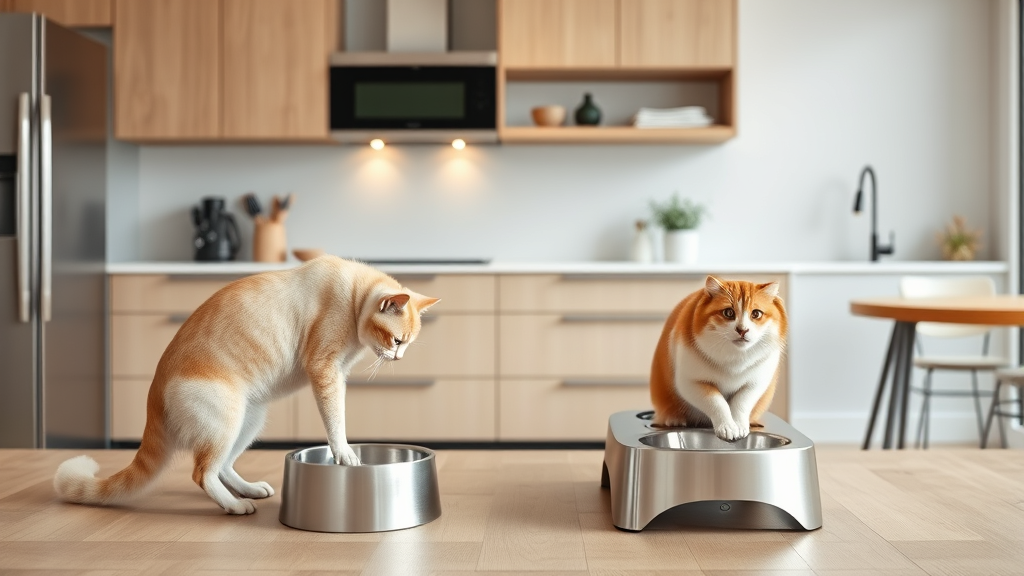 Separated feeding stations for dog and cat in modern kitchen, elevated cat feeder, no text no words no letters