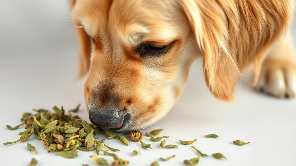 Golden retriever sniffing dried catnip herbs on a white surface, curious expression, natural lighting, close-up detail