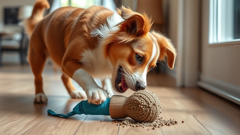 Playful brown and white dog interacting with catnip-filled toy on wooden floor, energetic pose, bright daylight from window