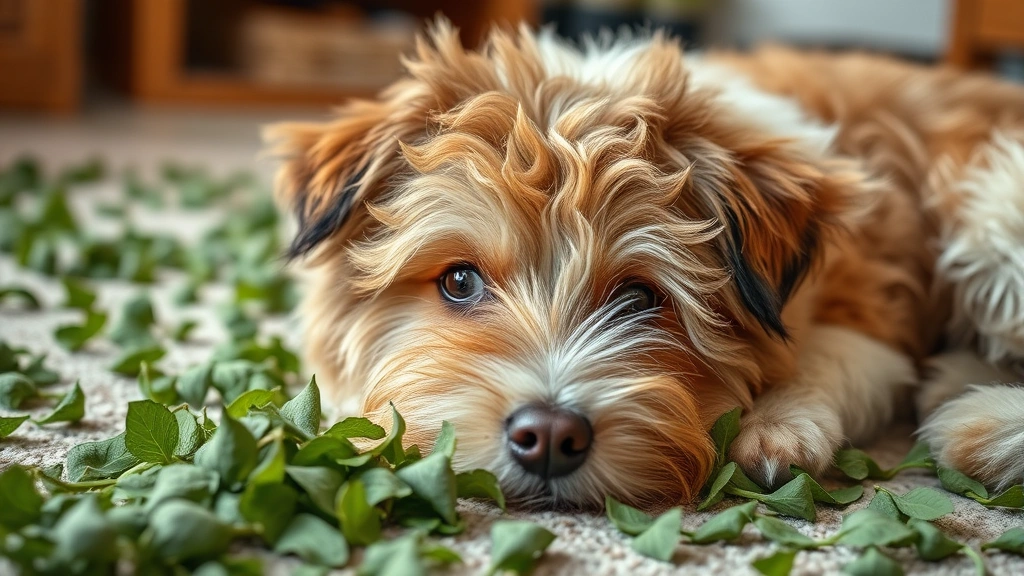 Fluffy mixed breed dog lying down near scattered catnip leaves, relaxed expression, soft natural indoor lighting, peaceful scene