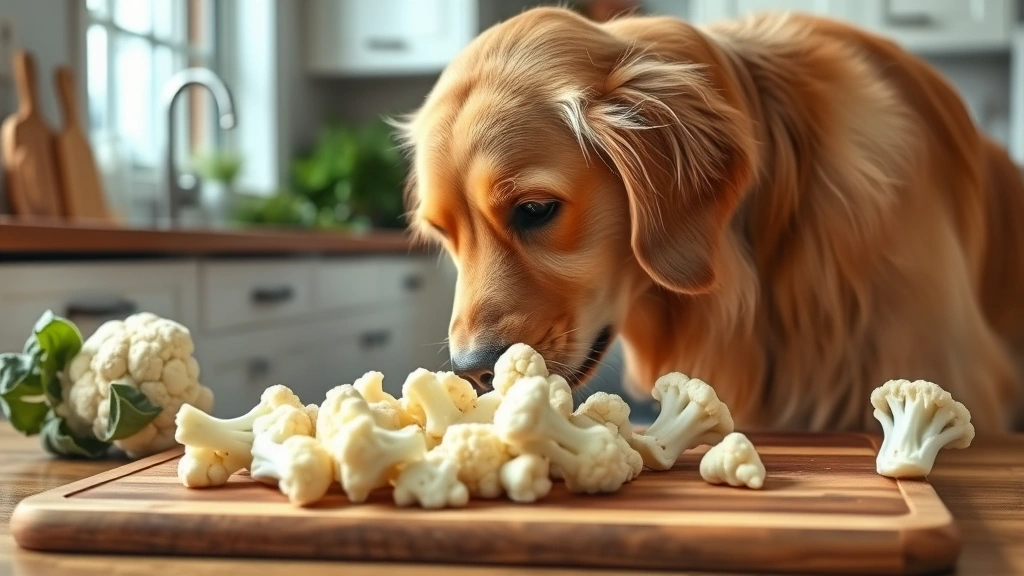 Golden Retriever sniffing fresh raw cauliflower florets on a wooden cutting board in a bright kitchen, curious expression, natural lighting, no text