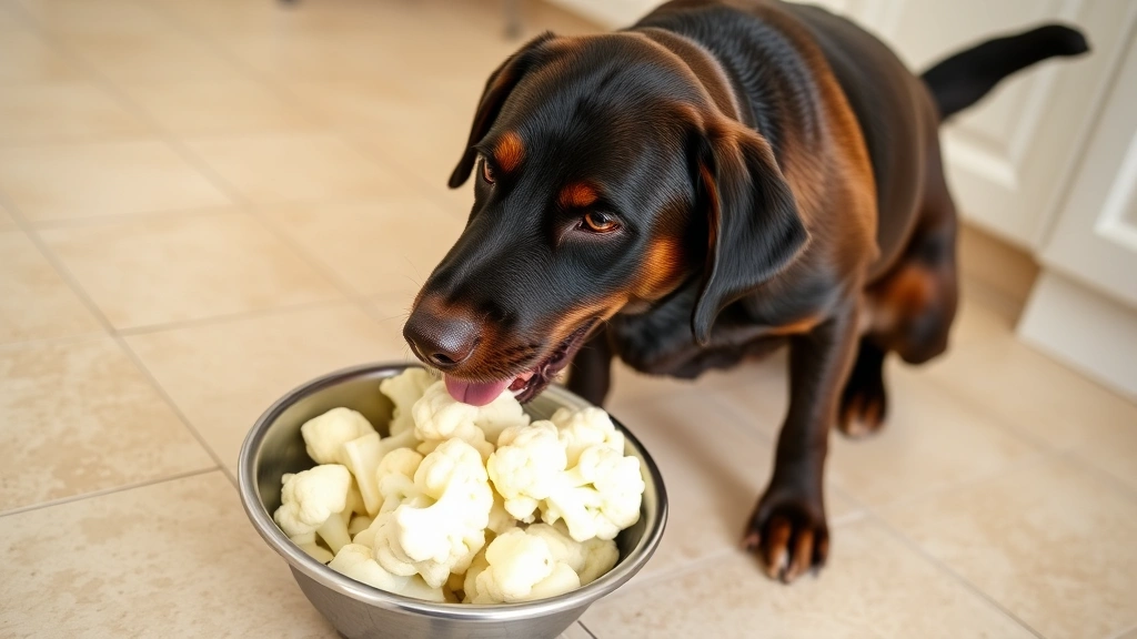 Excited Labrador Retriever eating steamed cauliflower from a stainless steel bowl on a tile floor, wagging tail, fresh and clean environment, no text