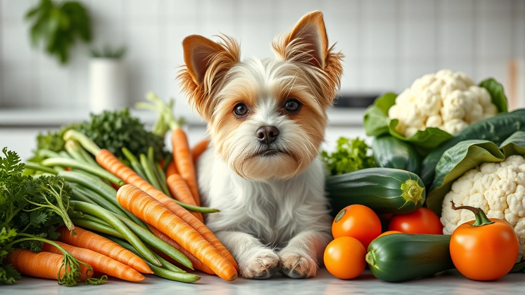 Small Terrier dog surrounded by various safe vegetables including carrots, green beans, zucchini, and cauliflower on a kitchen counter, bright daylight, no text