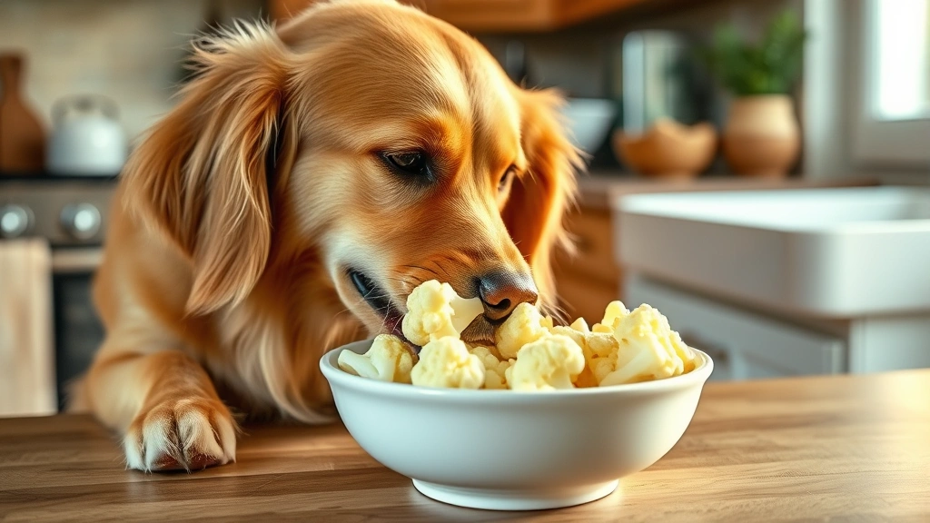 Golden Retriever eating steamed cauliflower florets from a white ceramic bowl on a wooden kitchen counter, warm natural lighting, dog's expression happy and interested