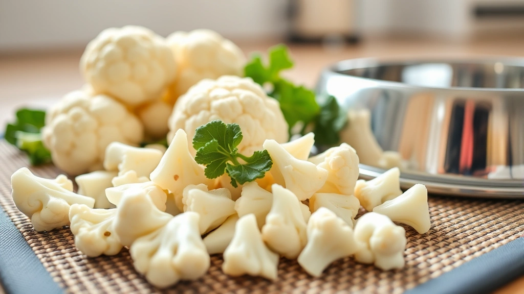 Close-up of fresh raw cauliflower florets arranged on a dog's food mat next to a stainless steel water bowl, bright daylight from kitchen window