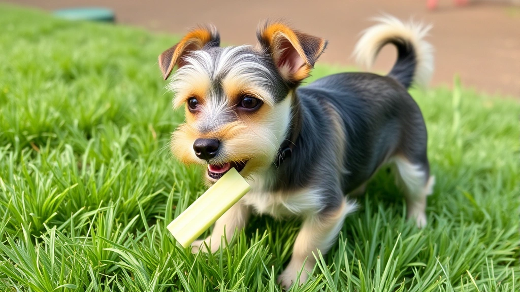 Small terrier enjoying a properly cut celery treat outdoors on green grass, tail wagging, focused expression on face