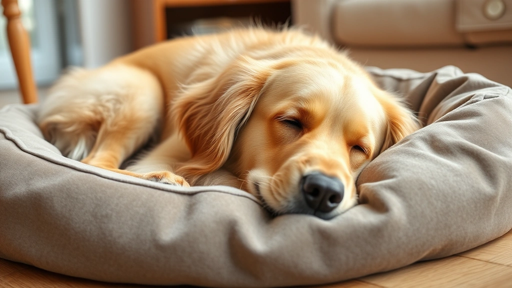 Golden retriever relaxing peacefully on a soft dog bed indoors, calm and content expression, natural lighting