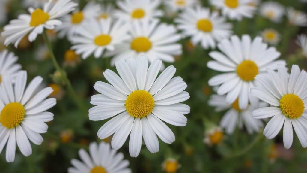 Close-up of fresh chamomile flowers in a garden setting, delicate white petals with yellow centers, shallow depth of field