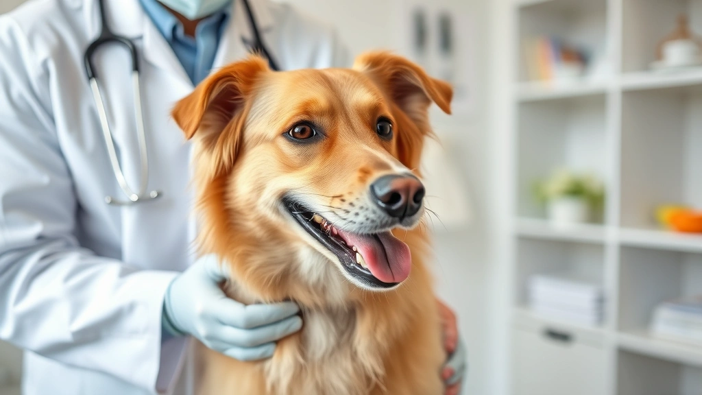 Veterinarian in white coat examining a friendly brown dog during a consultation appointment, professional clinic setting