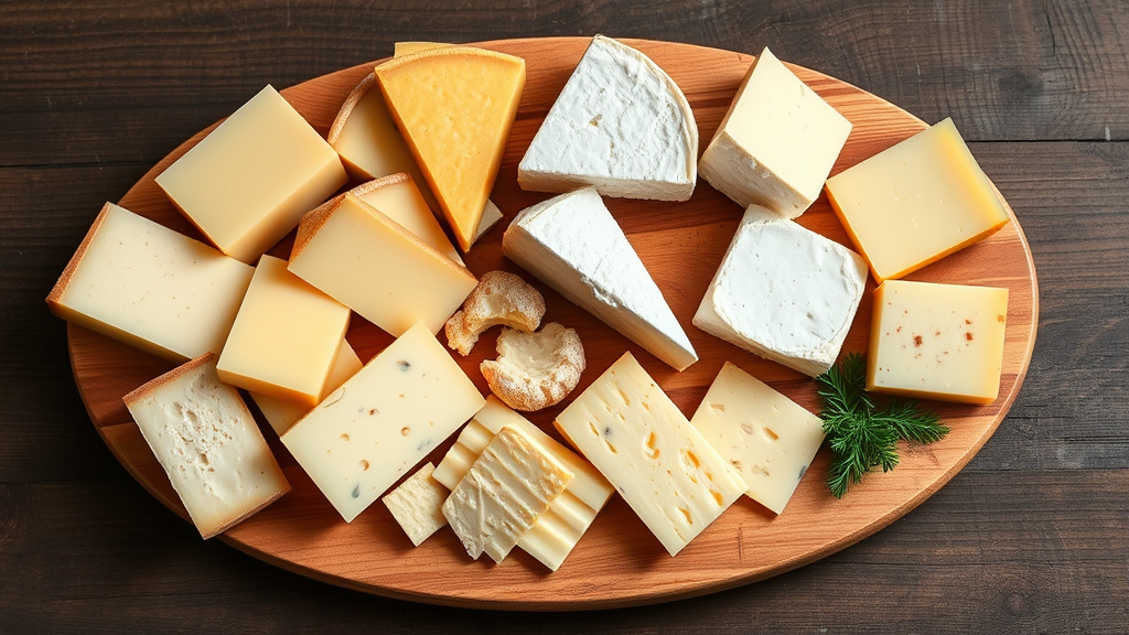 Variety of different cheese types arranged on wooden board with measuring portions, no text no words no letters
