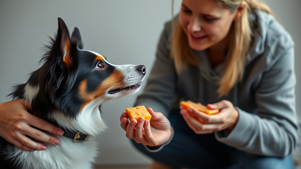 Dog owner offering small piece of cheese to attentive border collie as training treat, no text no words no letters