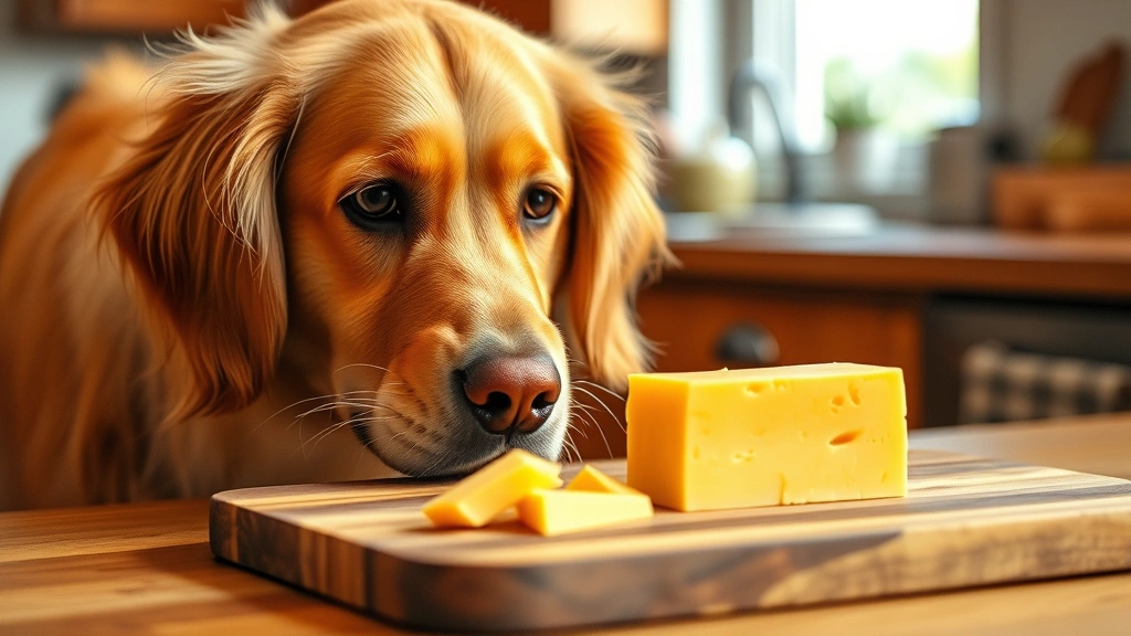 Golden retriever looking at a block of cheddar cheese on a wooden cutting board, curious expression, warm kitchen lighting