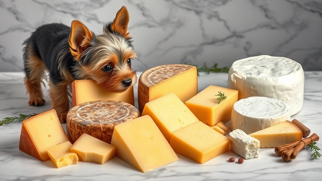 Variety of cheese types arranged on a marble surface with a small terrier puppy sniffing nearby, professional food photography style