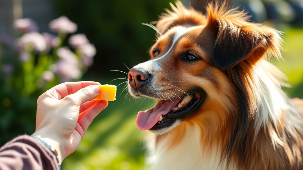 Happy dog eating a small piece of cheese from owner's hand outdoors, natural sunlight, joyful moment, blurred garden background