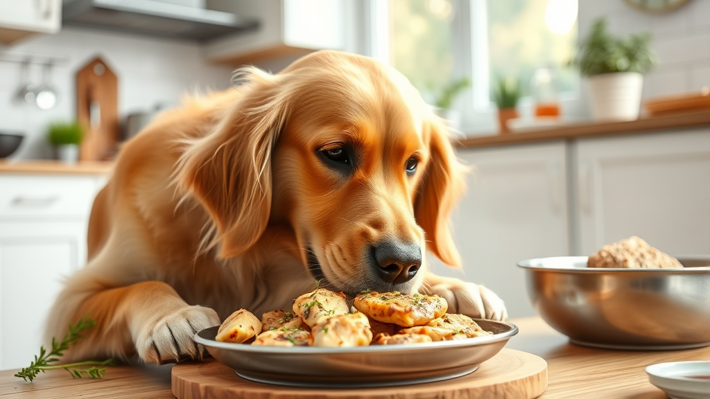 Golden retriever enjoying healthy cooked chicken meal in bright kitchen setting, no text no words no letters