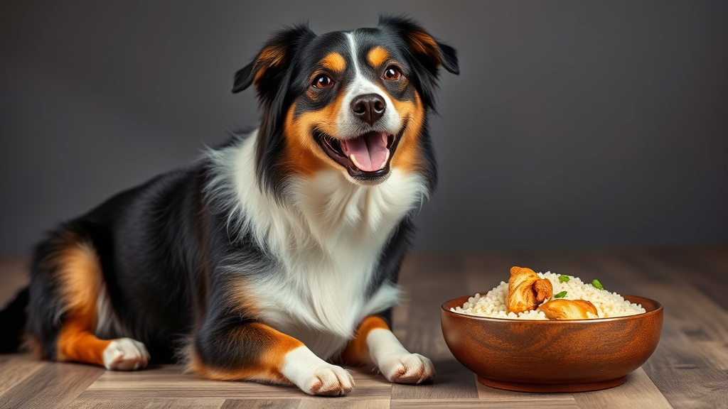 Happy dog with shiny coat sitting beside bowl of chicken and rice meal, no text no words no letters