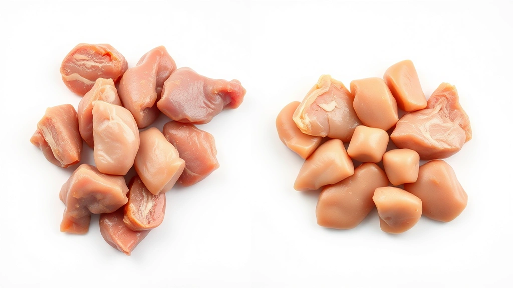 Raw and cooked chicken liver pieces displayed side by side on a clean white surface, showing color and texture differences, professional food photography style