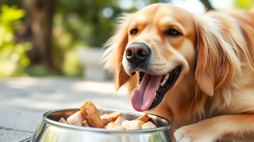 Happy golden retriever eating from a stainless steel bowl with chicken liver pieces visible, natural outdoor lighting, joyful expression