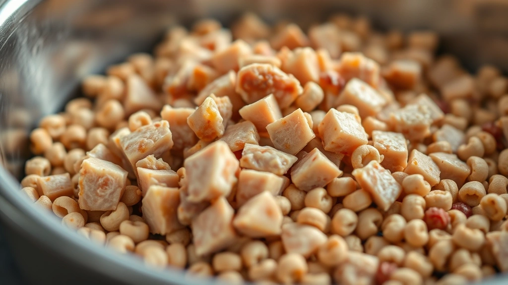 Close-up of finely chopped cooked chicken liver in a dog food bowl mixed with kibble, appetizing presentation, shallow depth of field