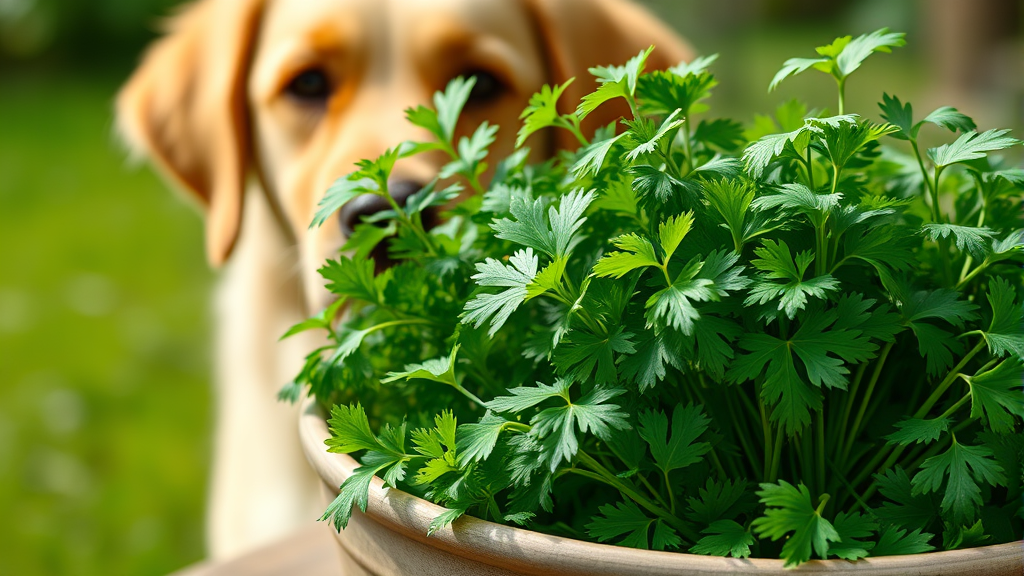 Fresh green cilantro herbs in bowl with golden retriever dog in background, natural lighting, no text no words no letters