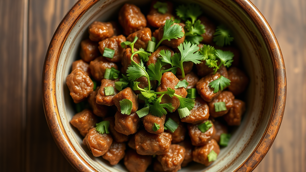 Chopped fresh cilantro leaves sprinkled over dog food in ceramic bowl, wooden surface, no text no words no letters