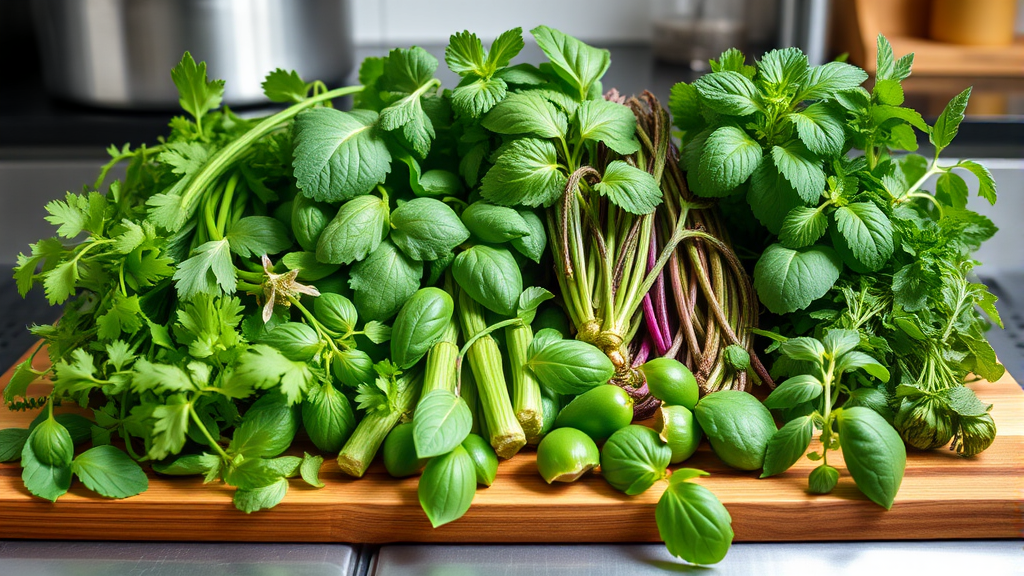 Various fresh herbs including cilantro basil mint arranged on cutting board, kitchen setting, no text no words no letters