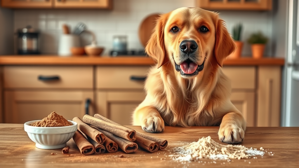 Golden retriever dog sitting next to cinnamon sticks and powder on wooden table, warm kitchen lighting, no text no words no letters