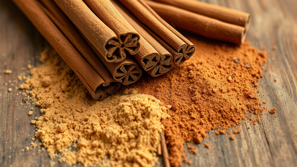 Close up of Ceylon and Cassia cinnamon sticks with ground powder, natural lighting, rustic wooden background, no text no words no letters