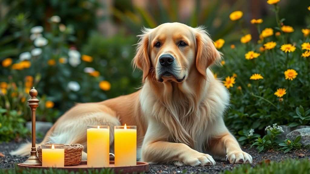 Golden retriever sitting peacefully next to citronella candles in garden setting, no text no words no letters