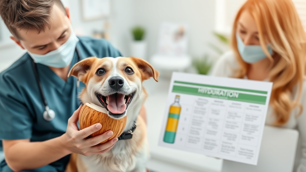 Veterinarian examining happy dog with coconut and hydration chart in modern clinic setting no text no words no letters