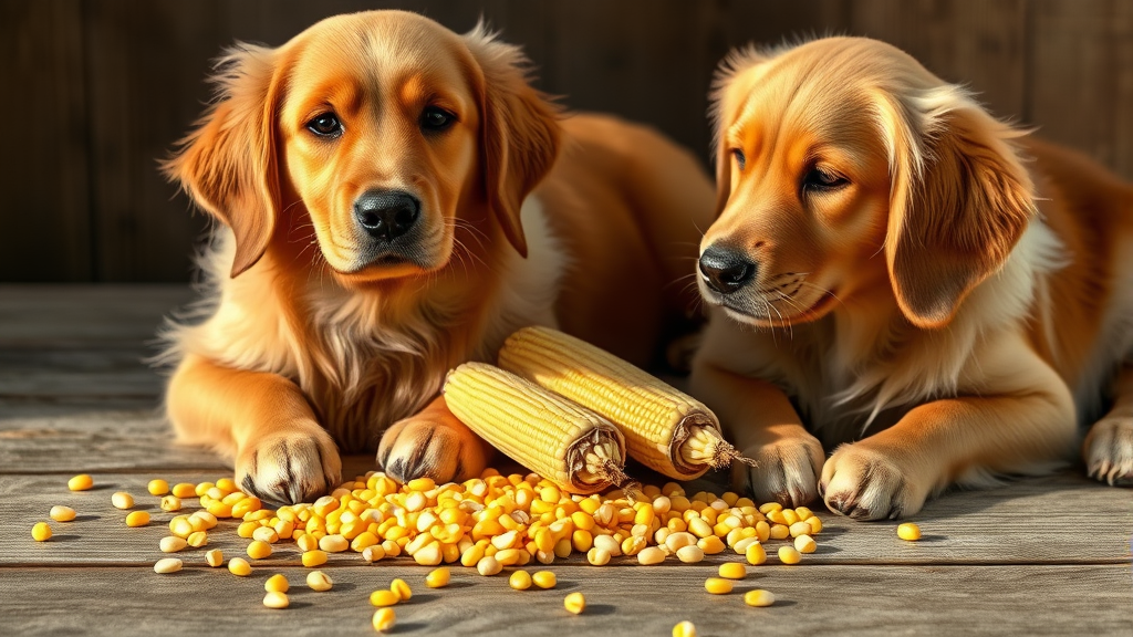 Golden retriever sitting next to fresh corn kernels scattered on wooden surface, natural lighting, no text no words no letters