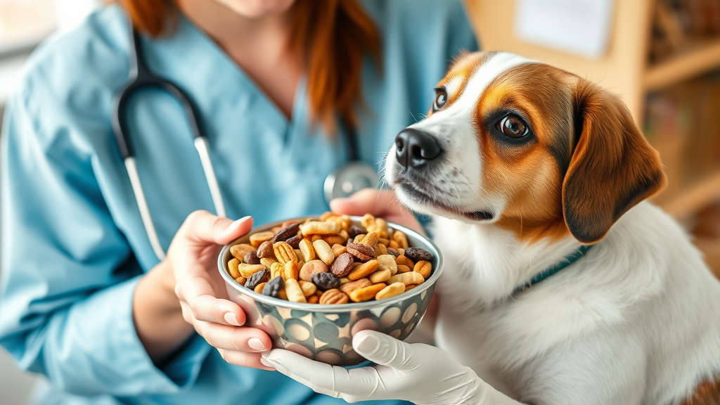 Veterinarian examining friendly dog while holding bowl of various healthy dog treats and grains, no text no words no letters