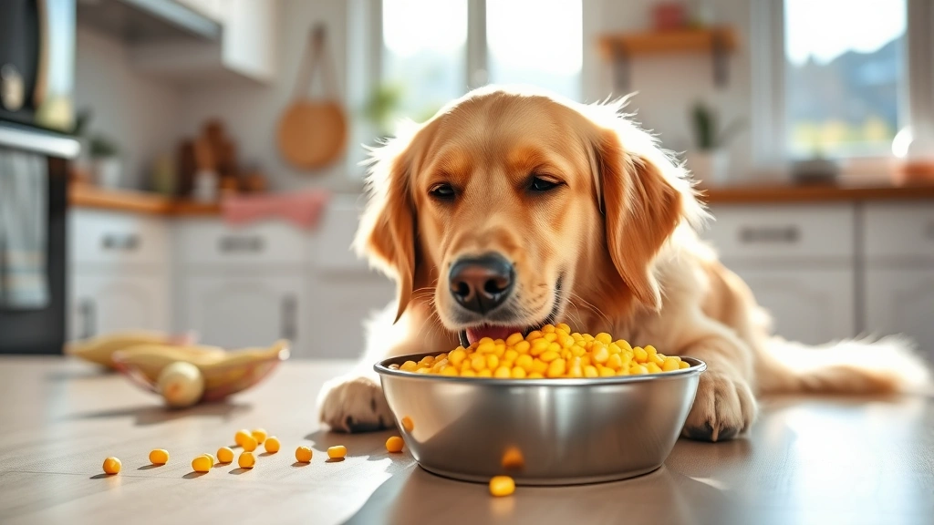 Golden retriever eating corn kernels from a bowl in a bright kitchen, natural sunlight streaming through windows, dog looking happy and healthy