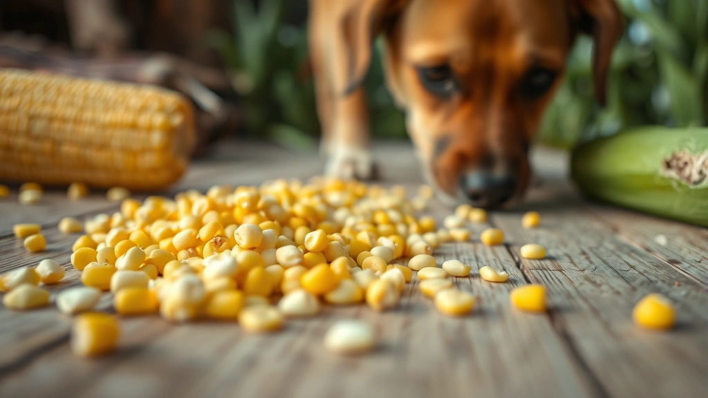 Close-up of fresh corn kernels scattered on a clean wooden surface with a blurred dog sniffing nearby, rustic farm setting aesthetic