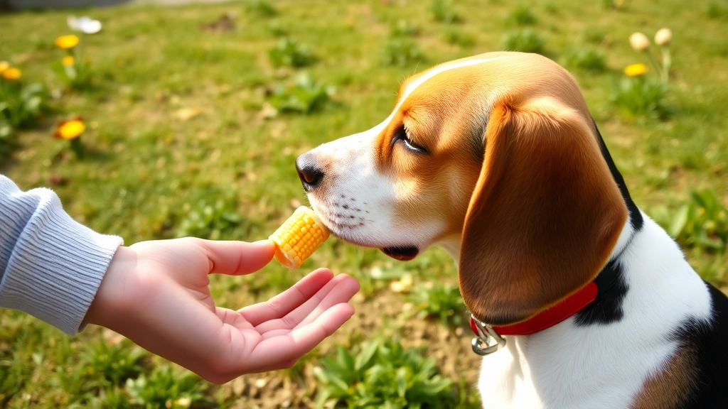 Side profile of a beagle being offered a small piece of corn by a human hand, outdoor garden background with grass and flowers, warm sunny day
