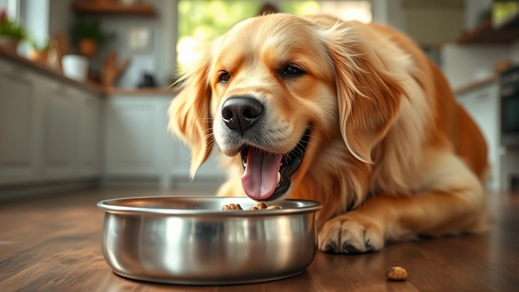 Happy golden retriever eating from a stainless steel bowl, kibble visible, bright natural lighting, cozy home kitchen background