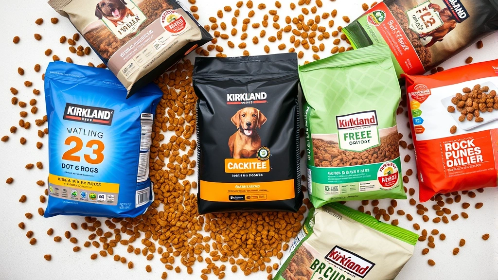 Overhead flat lay of various dog food bags including Kirkland brand, scattered kibble pieces, professional product photography style