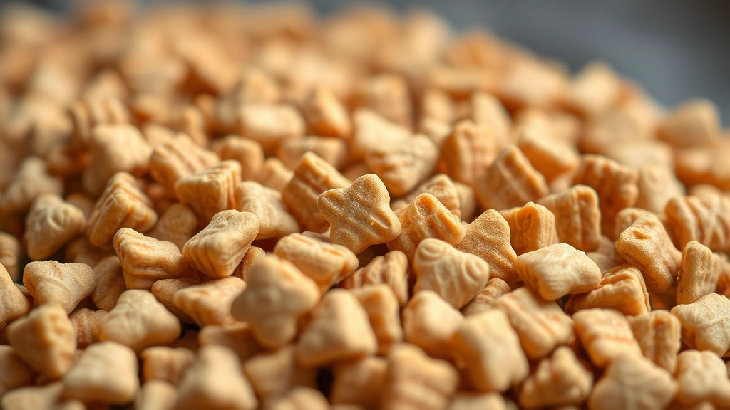 Close-up of dog kibble texture and color, showing quality pieces, natural daylight illumination, macro photography style