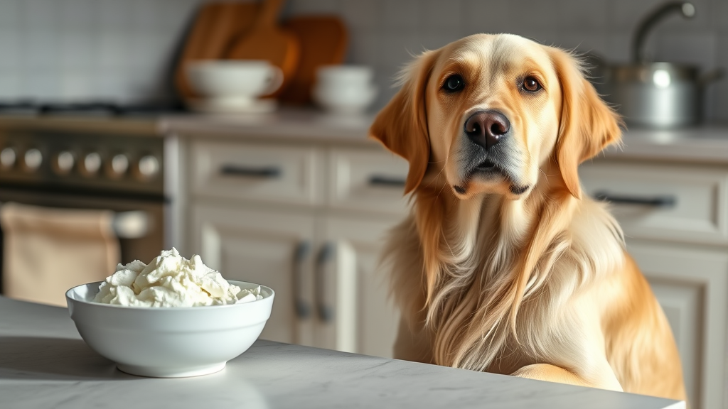Golden retriever dog sitting next to bowl of white cottage cheese on kitchen counter, natural lighting, no text no words no letters