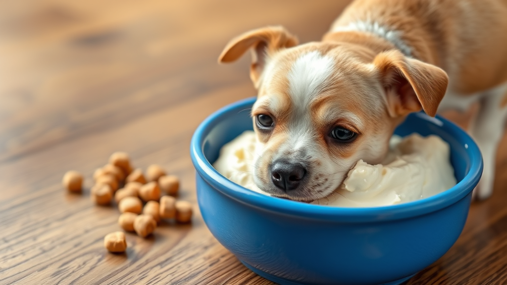 Small dog eating from blue bowl containing cottage cheese mixed with kibble on wooden floor, no text no words no letters