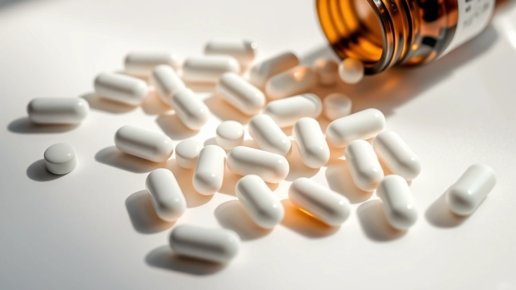 Close-up of Dasuquin supplement capsules and tablets arranged artfully on a white surface with soft natural lighting